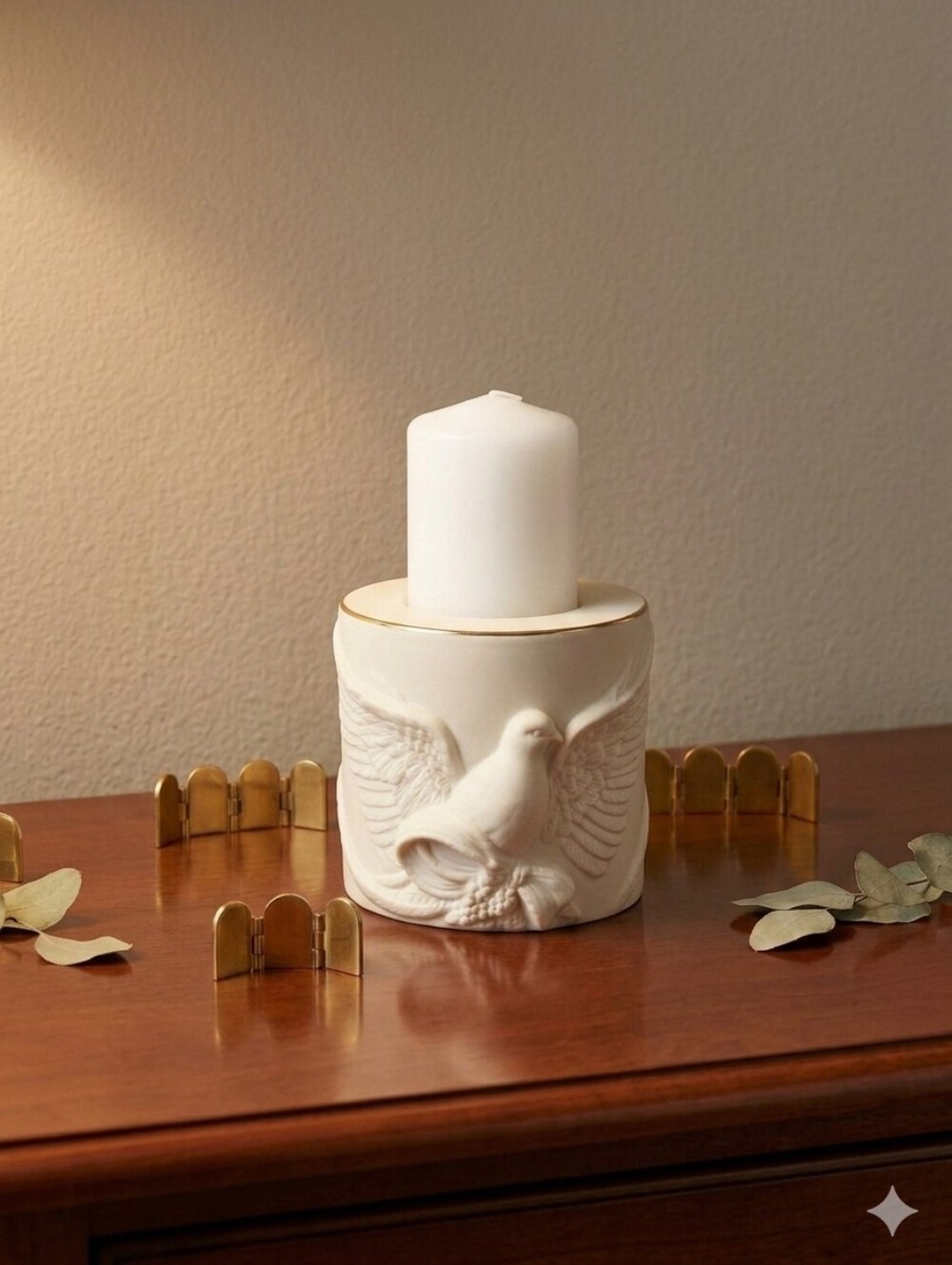Lenox White Ceramic Dove Pillar Candle Holder with Gold‎ Trim